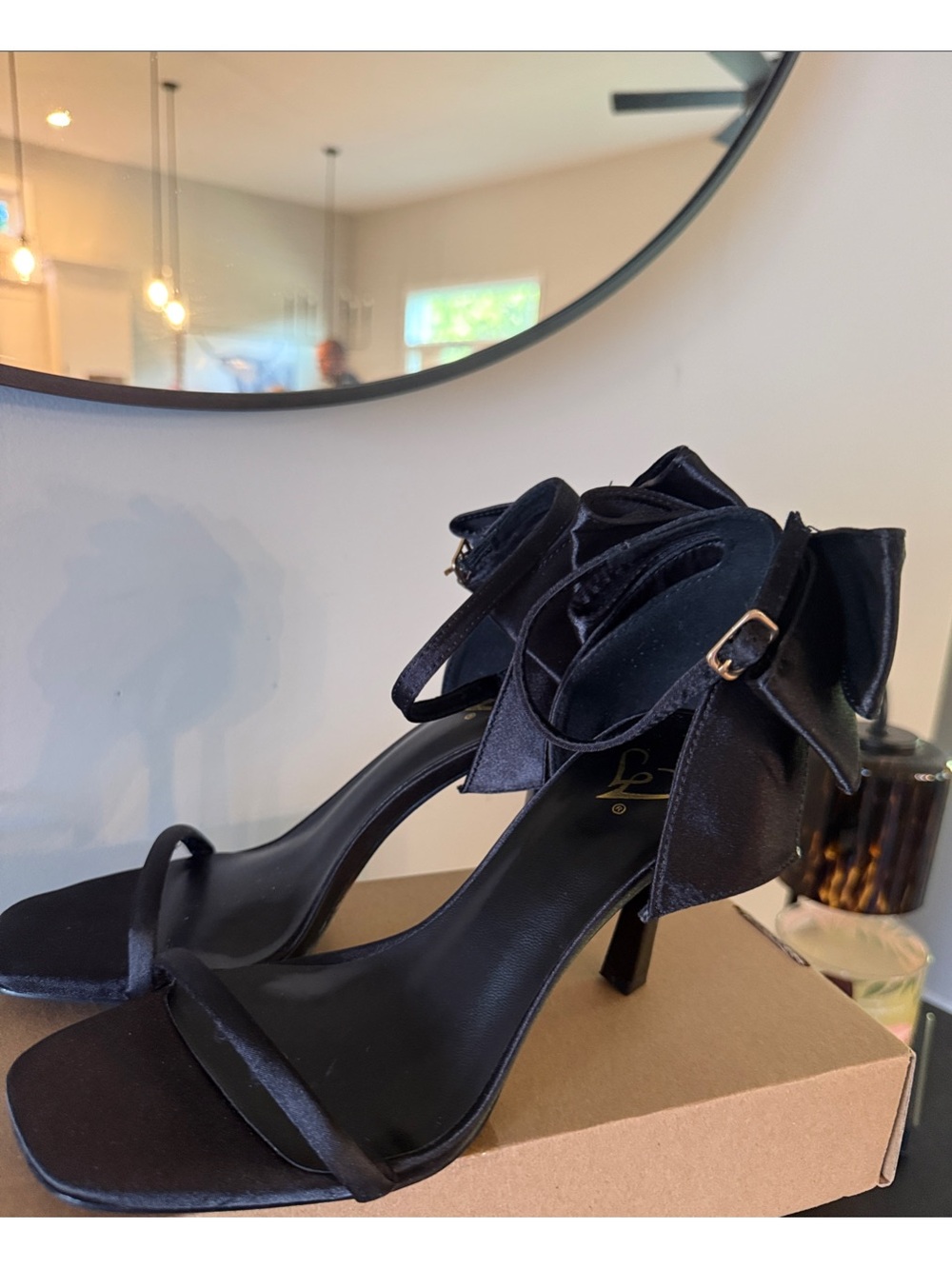 Windsor Black Satin Bow Ankle-Strap Heels